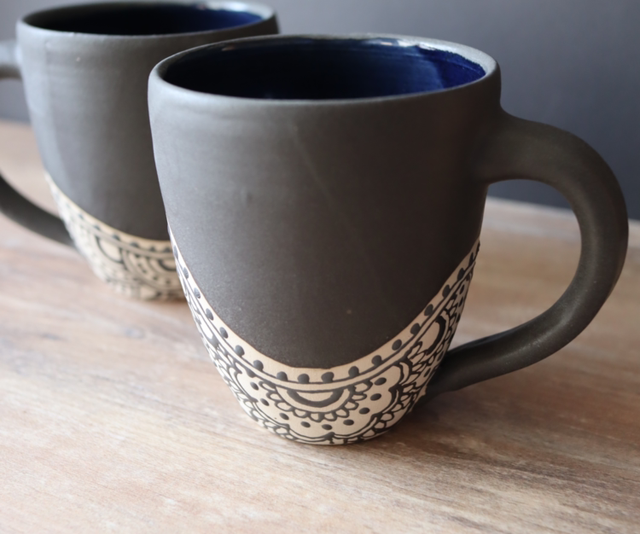 Matt Black Large Mug with Handdrawn Patterns
