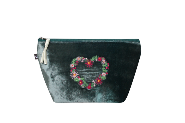 Earth Squared Silk Velvet Embroidered Heart Makeup Bag 