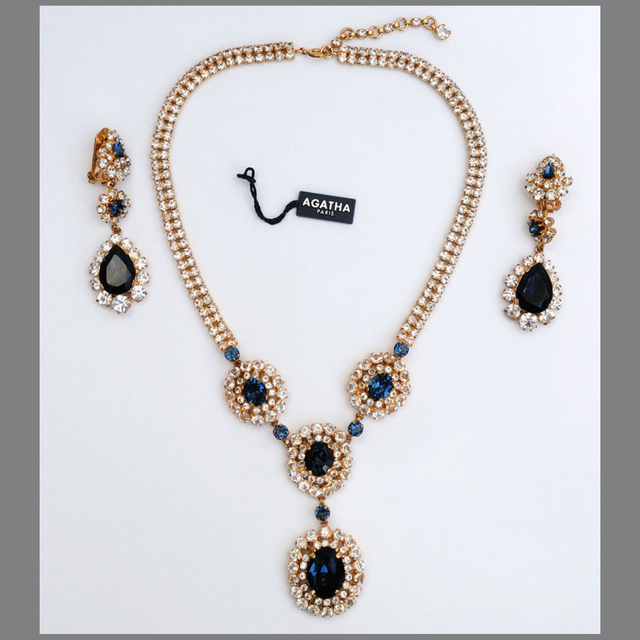 Parure Collier et Boucles Oreilles doré or, avec brillants couleur cristal et bleu, Vintage Agatha (collector)