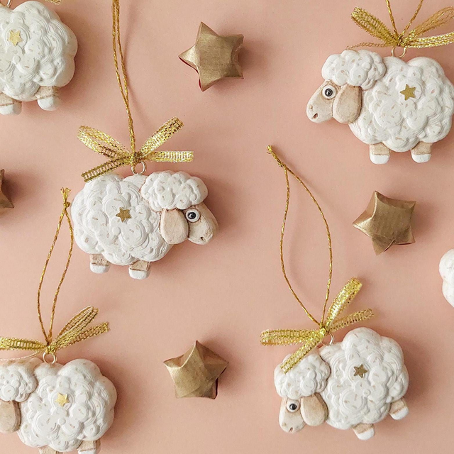 Handmade sheep ornament - air dry clay decoration - clay sheep christmas bauble