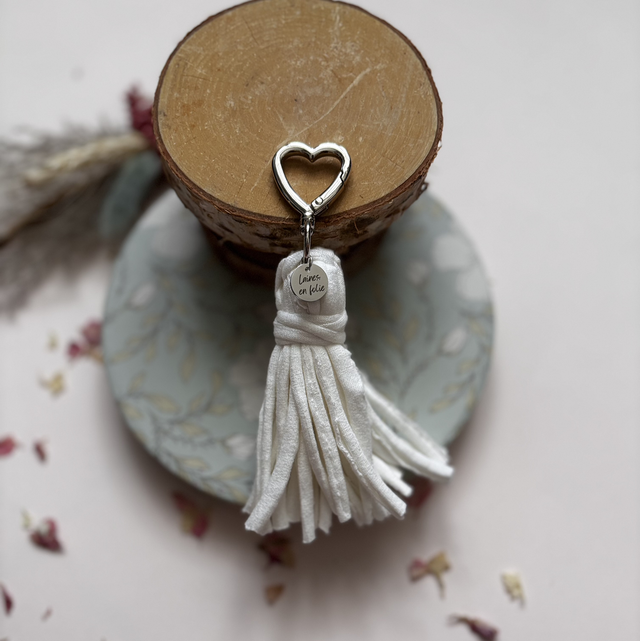 Porte-clés pompon blanc en coton recyclé