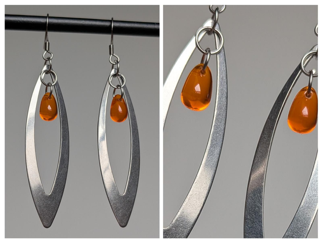 Boucles argenté et orange, gouttes en verre et acier inoxydable argent pièce unique sans nickel 