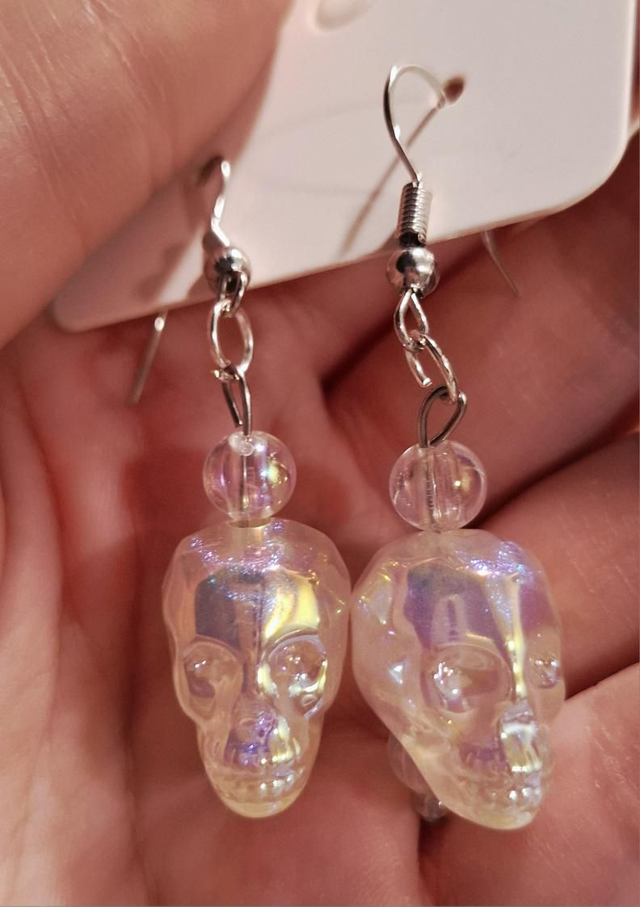 Iridescent pearly white skull drop earrings