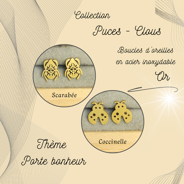 Clous d&#039;oreilles - Thème Porte-bonheur - Acier Or