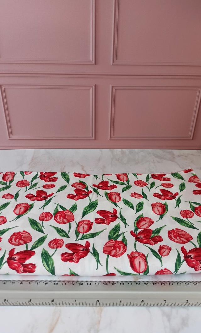 Tissu coton tulipes rouge/vert