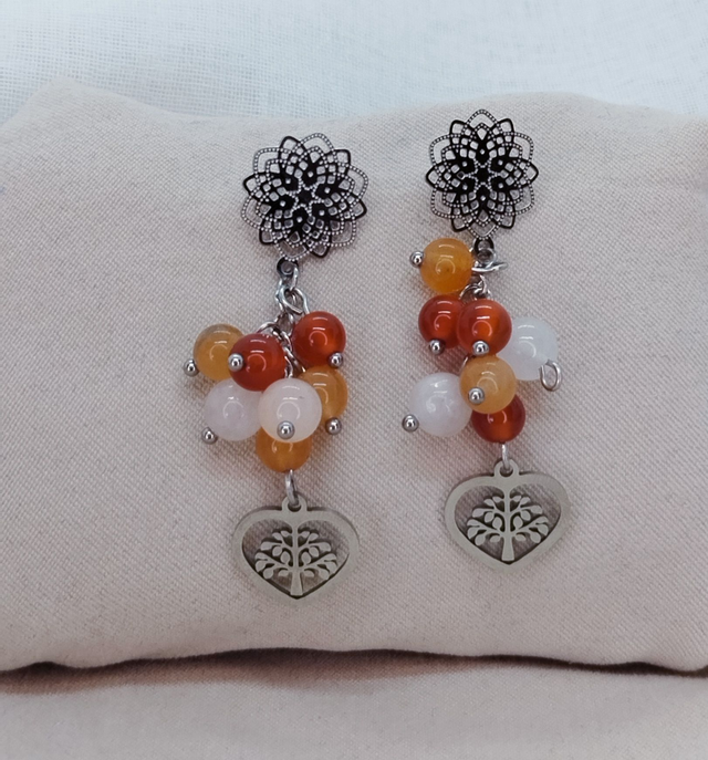Clous d'oreilles et pendentif "cœur arbre de vie" en acier inoxydable avec pierres naturelles (aventurine orange rouge, aventurine rose, cornaline)