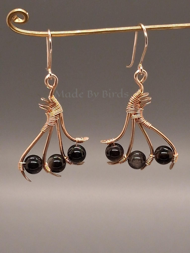 Artisanal Bronze Wire Weave Earrings featuring Silver Sheen Obsidian Beads and Hand-Forged Wires