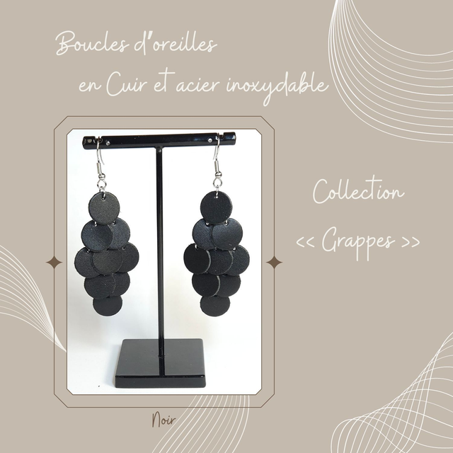 Boucles d&#039;oreilles Grappe en cuir - Noir