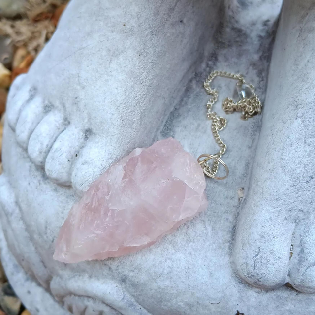 Rose Quartz Raw Crystal Pendulum With A Silver Colour Chain