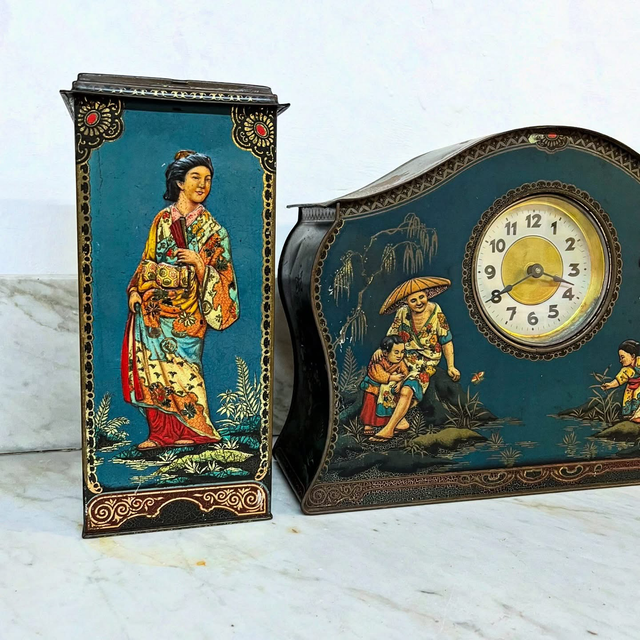 Early 20th Century “Victory V Gums & Lozenges” Chinoiserie Clock Tin by Fryer & Co., England