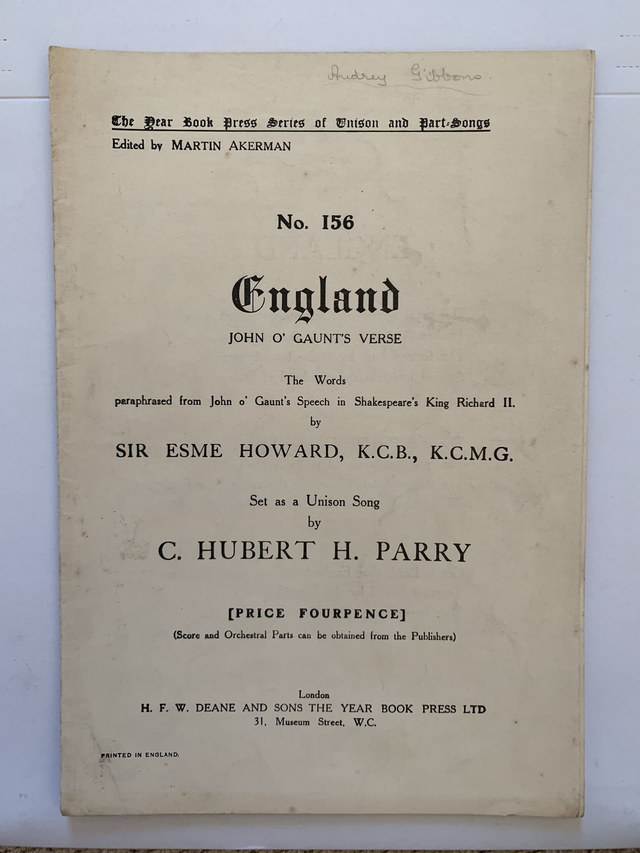 England John O'Gaunts Verse Sheet Music