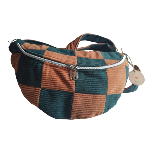 Sac banane en patchwork de velours côtelé et matelassé marron et vert intérieur liège