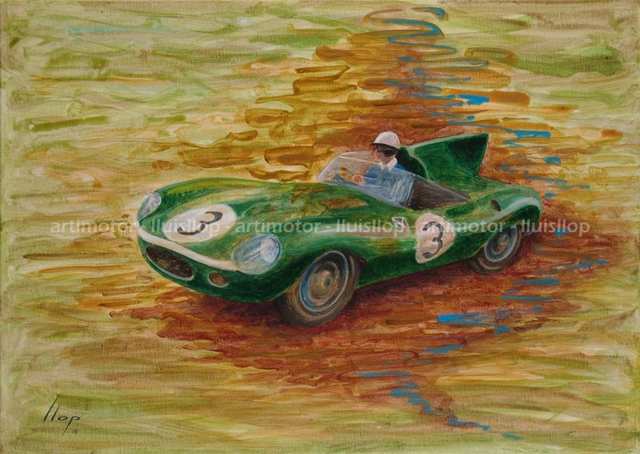 Artimotor pintura original 50x70 - Bueb-Flockhart (Jaguar D Le Mans 1957)