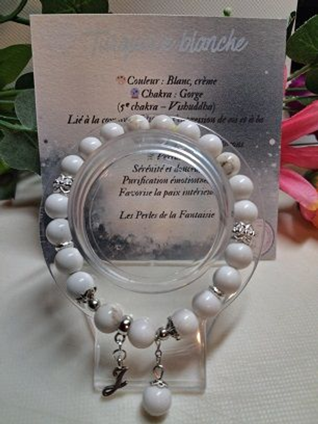 Bracelet en Howlite Blanche, turquoise blanche + carte chakra incluse