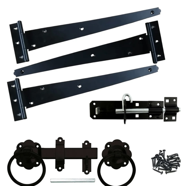 Medium Duty Gate Hinges Kit - 12&quot; Ring Latch Bolt Set Garden Gate Wooden Gate Fitting Kit Black