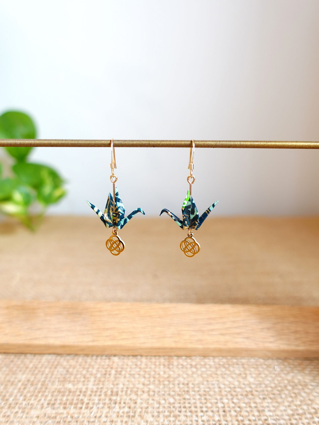 Origami oiseaux, grues / GOLD FILLED, Or laminé / Papier japonais Washi / Vert, or / Boucles d'oreilles / Bijou origami /