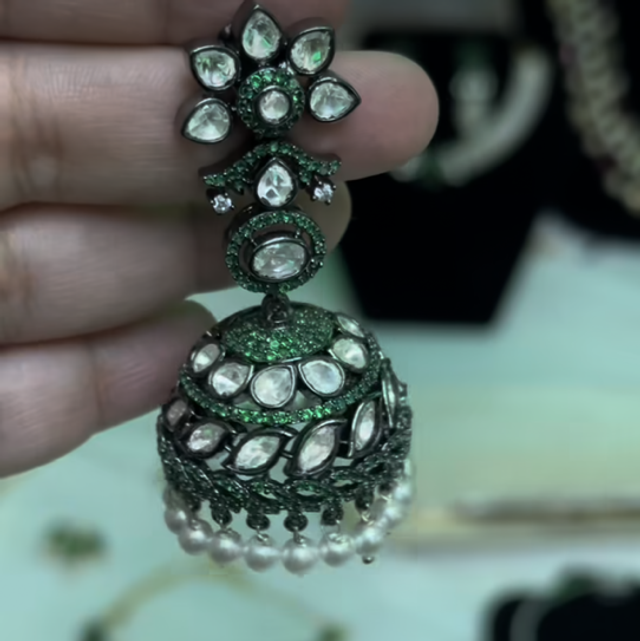 Oxidised silver and green jhumka