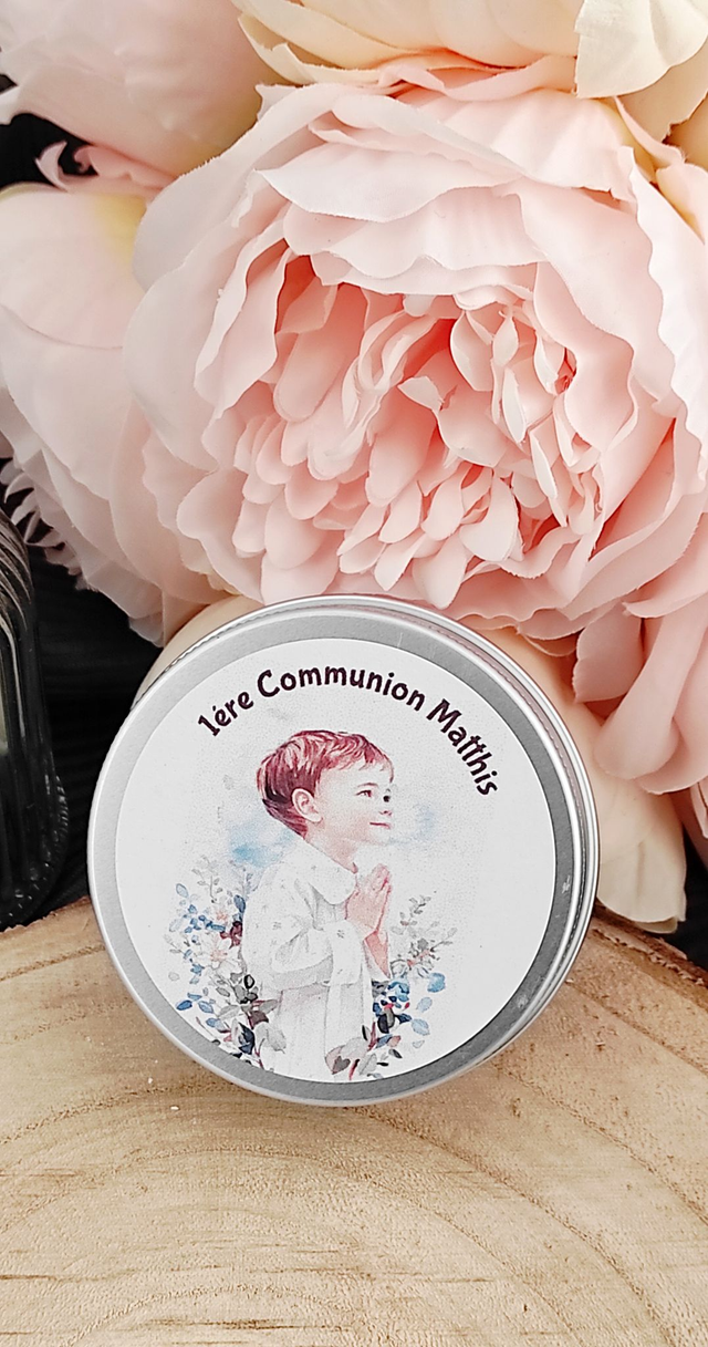 Bougie boîte métallique cadeau invités communion