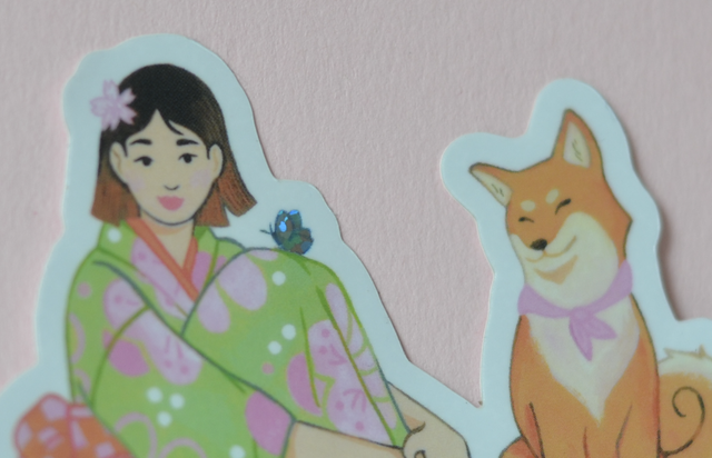 Sticker la fille, le shiba & le papillon