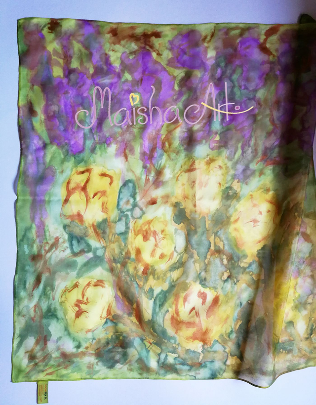 Unikatna, Ročno poslikana Svilena Ruta, Sivka & Vrtnice