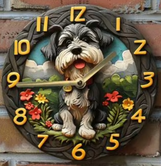 Vintage ronde wandklok van metaal - Schnauzer (20cm)