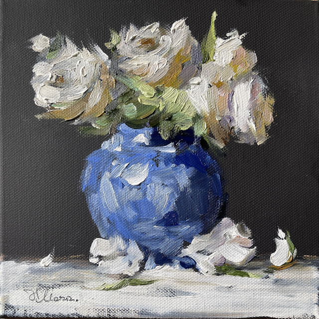 Roses in а blue vase 02. Original oil painting on stretched canvas 20x20 cm
