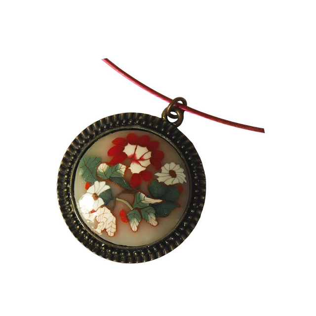 Collier ras de cou rétro rond fleurs rouge blanc