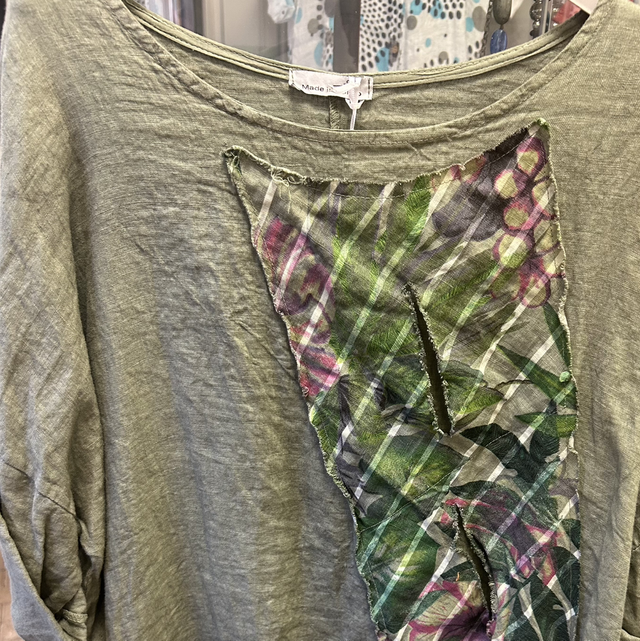 LMF - Green Top with Ripped Floral Front - Free Size - 1029