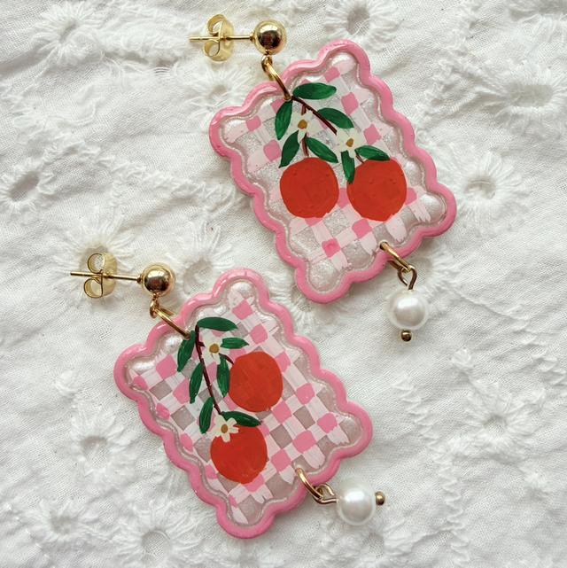 Pink Gingham Orange Pearl Earrings