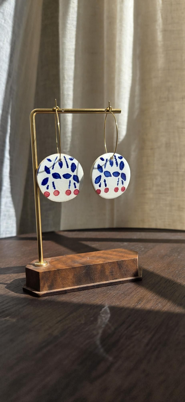 Paire de boucles d'oreilles - faïence Gien - acier inoxydable doré