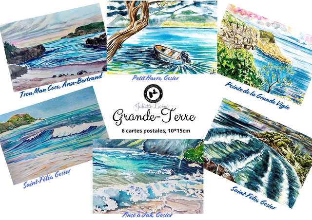Lot 6 cartes postales aquarelle "Grande Terre"