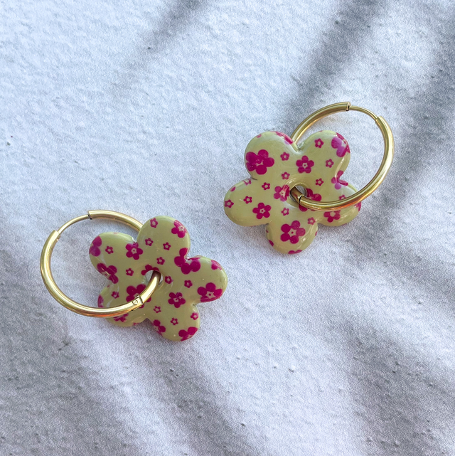 Maxi Fleurs - Vert kaki &amp; rose fushia (sans créoles)