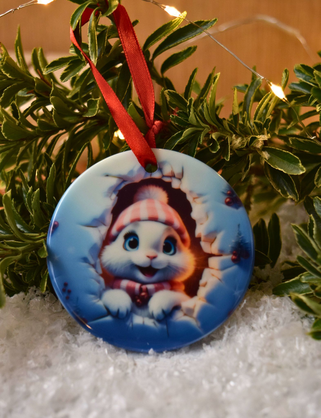 Round Ceramic Christmas Ornament – Cute Winter Bunny Design