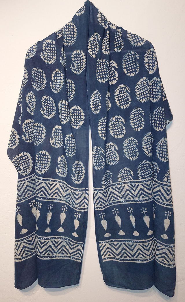 Étole, teinture naturelle bleue indigo, coton imprimé à la main, écharpe légère - Cadeau femme artisanal éthique  