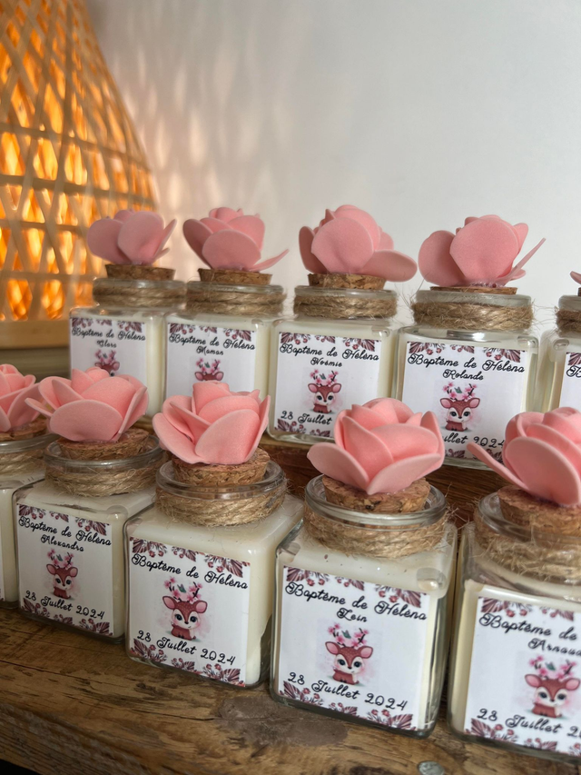 Pots en verre avec bougie ou dragées ou vide personnalisés thème Faon et fleurs pampas(1)