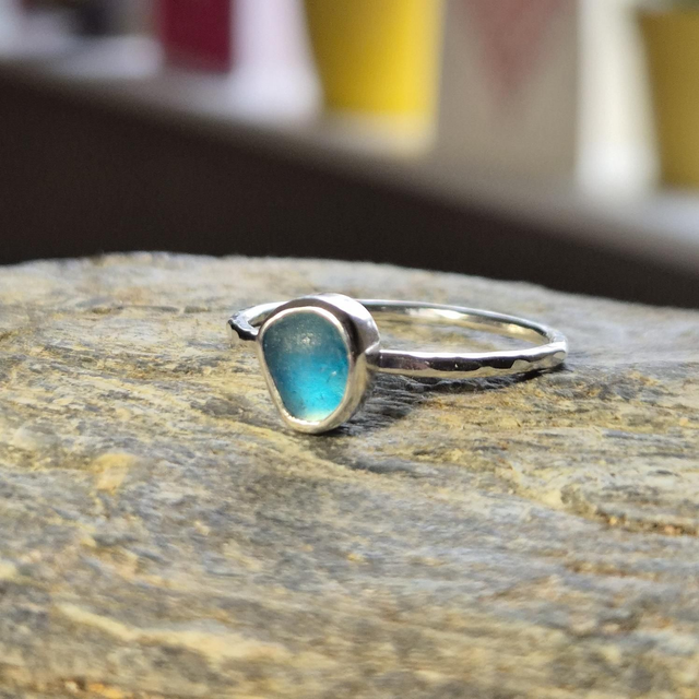 Size U Turquoise Sea Glass and Sterling Silver Ring 