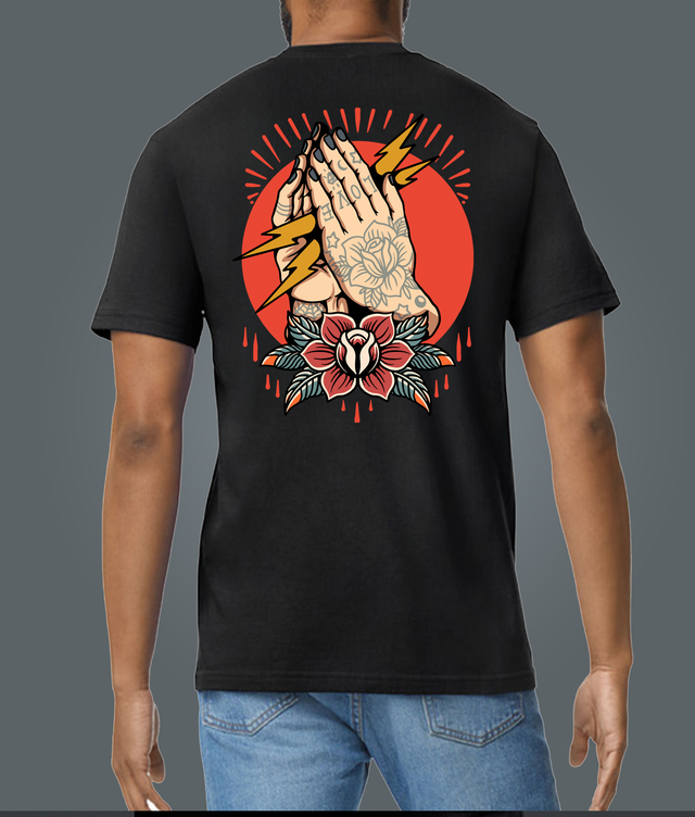 Traditional Tattoo Style Lightning Hands Black Soft Spun Patterned T-Shirt