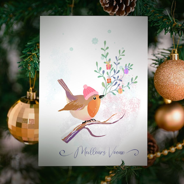 Carte de Voeux "Rouge Gorge" avec enveloppe dorée 
