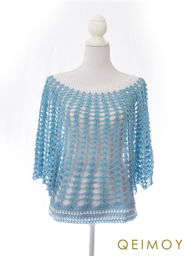 Gehaakt lichtblauw zomertruitje - handgemaakt, tuniek, dameskleding, open structuur, strandkleding