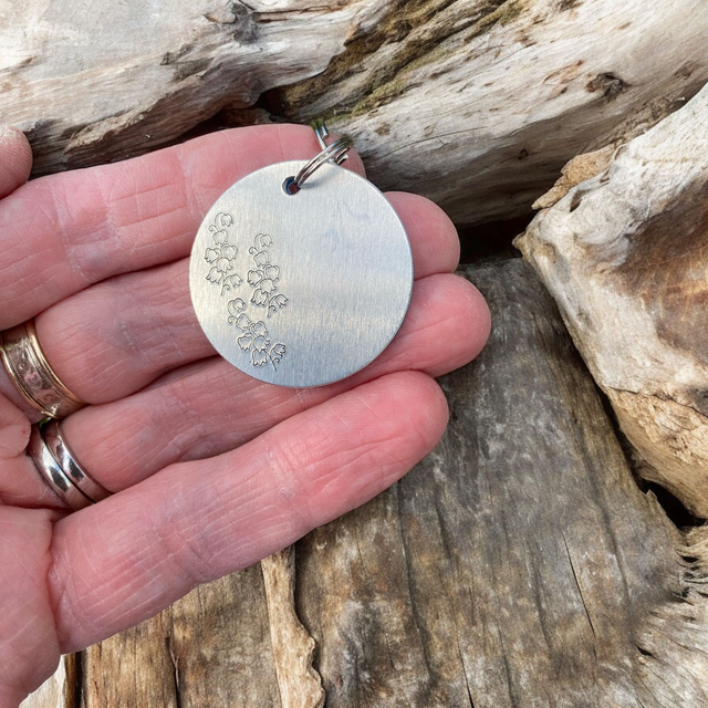 Lilly of the Valley themed personalised pet ID tag/keyring 