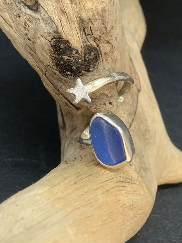Adjustable handmade sterling silver wrap ring with blue seaglass