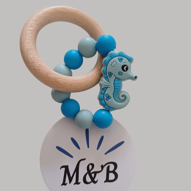 🔸 Anneau de dentition bois &amp; silicone – Hippocampe Bleu 🪸