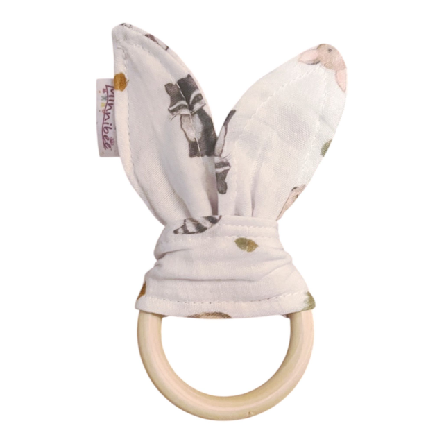 Baby Greifling aus Holz und Musselin Waldtiere