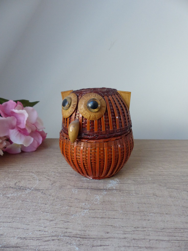 Boîte Chouette en Osier et Rotin – Artisanat Fait Main Vintage 1970 | Déco Chambre & Boîte à Secrets