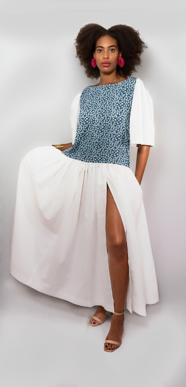 Robe longue bi-matière Jeans imprimé popeline de coton 