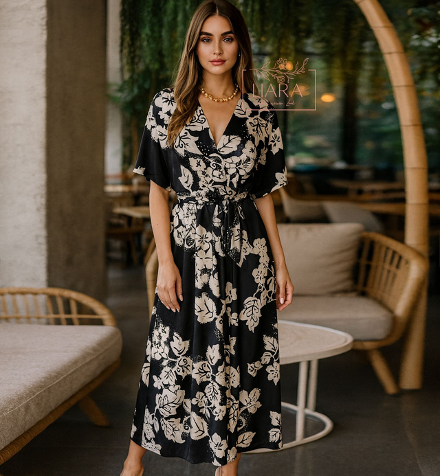 Maxi Sommerkleid Creme schwarz Satin Onesize