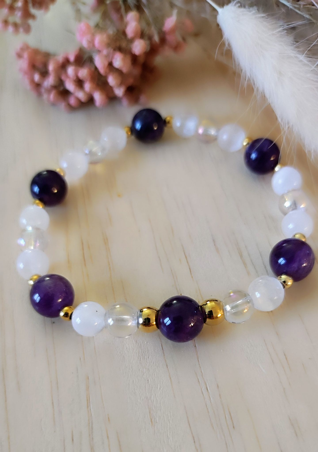 Bracelet "Bien-être" Sélénite, Améthyste et Quartz Aura
