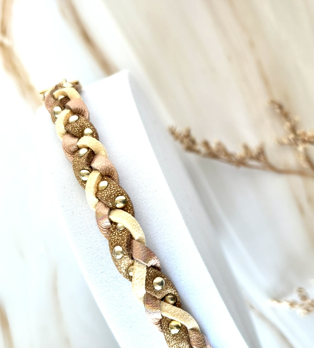 Bracelet TRESSE Doré à l’or Cuir Brun rose metallisé jaune 