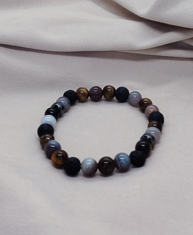 Bracelet homme 18 cm, en pierres naturelles (œil de tigre, pierre de lave, agate du Botswana)