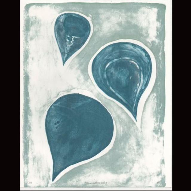 Helium balloons rising, stone lithograph